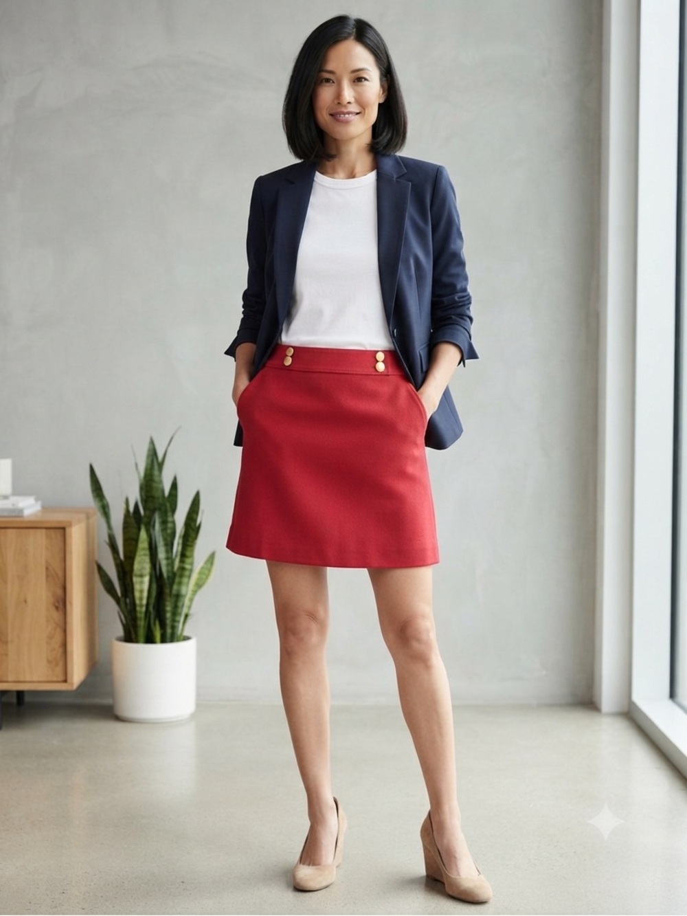 LOFT Red Mini Skirt with Gold Button Accents